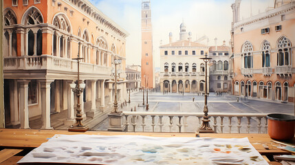 Naklejka na ściany i meble Create a watercolor background capturing the historic elegance of an Italian piazza in the early morning, before the crowds arrive