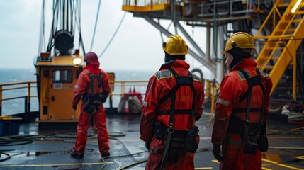 Crew members conducting safety drills on an offshore oil platform, prioritizing preparedness