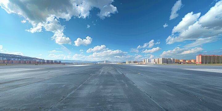 An empty airport runway with a clear blue sky and white clouds in the background