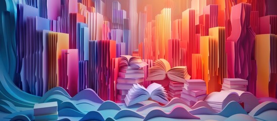 D Rendered Books in Vibrant Pastel Hues with Dramatic Lighting and Intricate Paper Sculptures