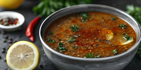 Turkish lentil soup with red pepper lemon and spices flat lay. Concept Flat Lay Photography, Food Styling, Turkish Cuisine, Red Pepper, Lentil Soup