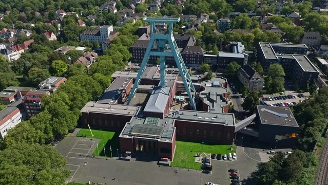 Aerial drone view of the German Mining Museum, also known as Deutsches Bergbau-Museum Bochum. This major museum showcases the history and technology of mining, featuring mineral specimens .
