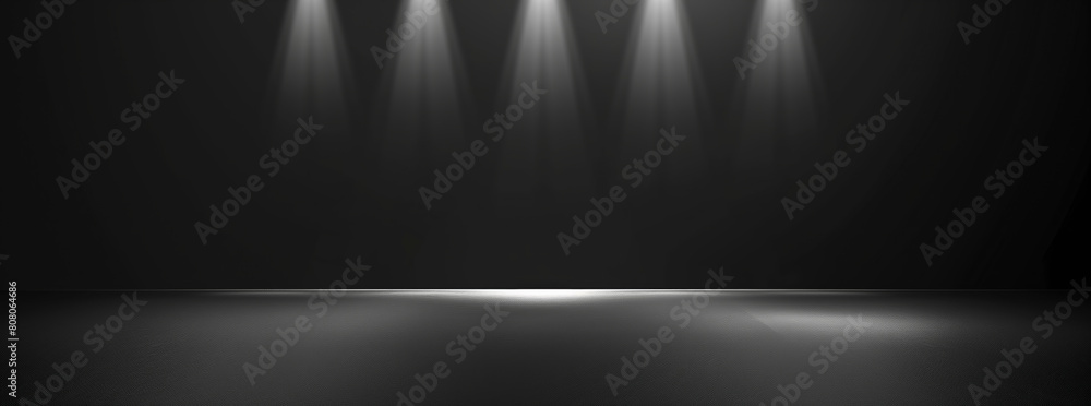 Poster a black background with four lights shining on it. the lights are evenly spaced and create a sense o