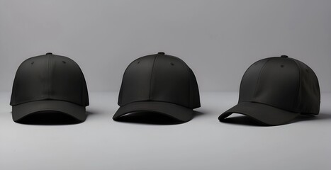 Three Black Baseball Caps on Grey Background with Copy Space