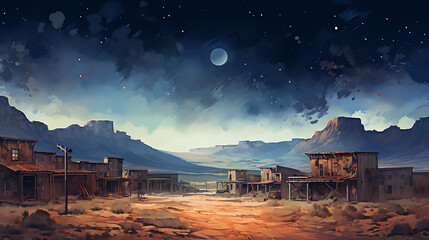 Create a watercolor background depicting an old western ghost town with abandoned buildings under a wide, starry sky