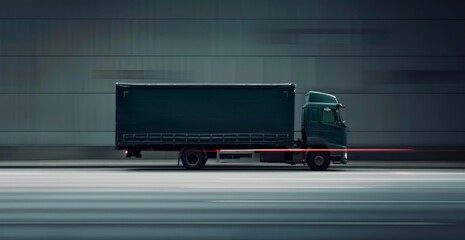 Green delivery truck speeding along a modern highway, showcasing urban transportation and logistics