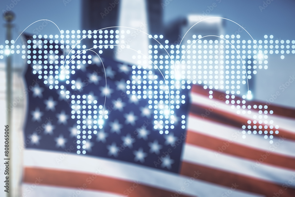 Aufkleber double exposure of abstract digital world map hologram with connections on us flag and city backgrou