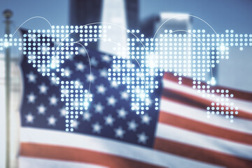 Fototapeta premium Double exposure of abstract digital world map hologram with connections on US flag and city background, big data and blockchain concept
