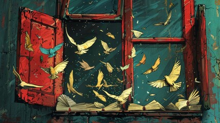 A magical scene of books transforming into birds and flying out of an open window