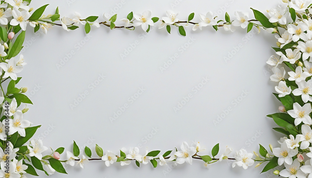 Poster botanical design featuring isolated jasmine flowers and foliage in a horizontal layout for photo fra