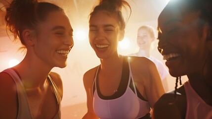 Group of three young diverse female athletes celebrate their healthy and active lifestyle in a sports studio smiling and laughing together while wearing sporty fitness clothes : Generative AI - Powered by Adobe
