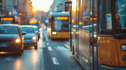 Buses and cars caught in the golden hour of a bustling city street