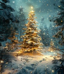 A beautiful winter scene with a snow-covered forest and a glowing Christmas tree in the center. - obrazy, fototapety, plakaty