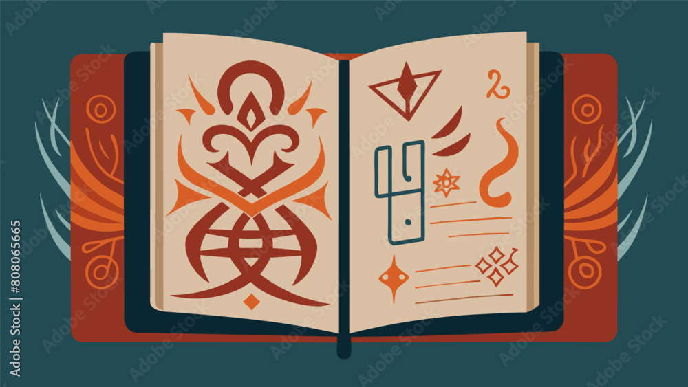 Poster an open page of the journal adorned with intricate calligraphy and illustrated with symbols reminisc