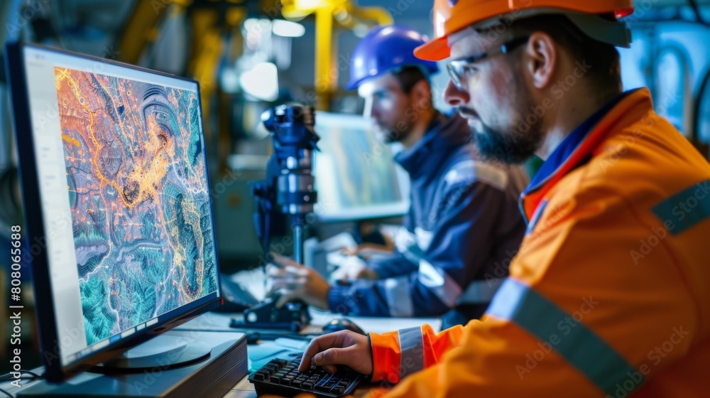 Aufkleber Engineers analyzing geological data to optimize drilling operations, precision in action