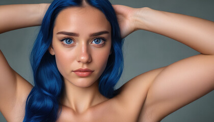 Naklejka premium Woman with perfect skin closeup. Transparent background. Young woman with blue hair and blue eyes close-up. Beauty care. Natural light. Light blue background. Portrait, beauty, face, care, natural