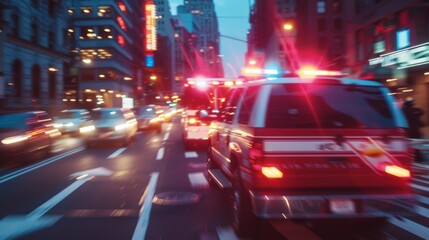 Emergency vehicles with flashing lights rushing through city streets, urgency