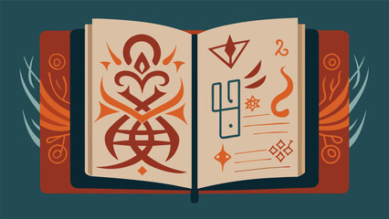 An open page of the journal adorned with intricate calligraphy and illustrated with symbols reminiscent of ancient Stoic philosophy.. Vector illustration