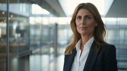 Naklejka premium Portrait of a professional woman in a suit standing in a modern office Mature business woman looking at the camera in a workplace meeting area : Generative AI