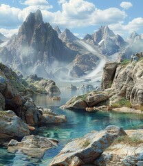 Fantasy mountain landscape with lake and glacier