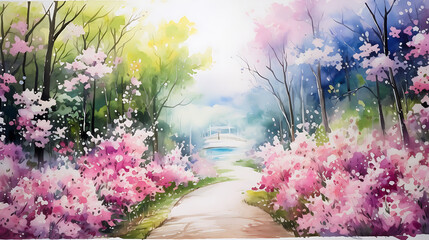 Create a watercolor background depicting a quiet country lane lined with wildflowers and tall trees in full bloom