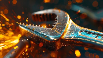 Close-up of a wrench with sparks flying in a dynamic display of craftsmanship and industry