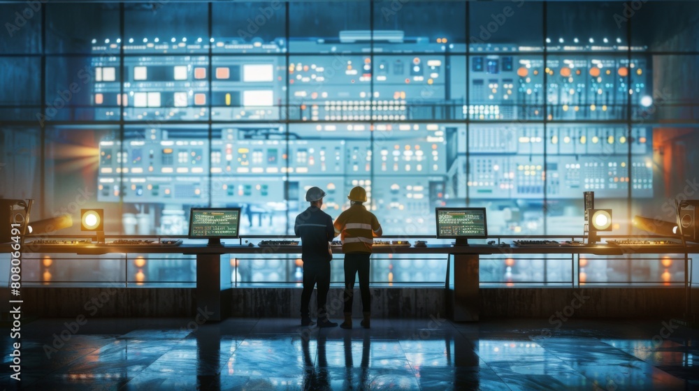 Poster engineers in a control room monitoring processes in a high-tech industrial facility