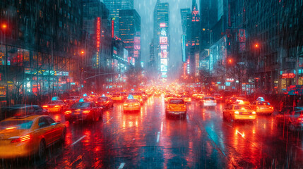 A vibrant and surreal view of Times Square, New York City, at night, with yellow taxis and bright neon lights, in the rain