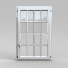 3D rendering of a white plastic window frame with a handle and 12 glass panes