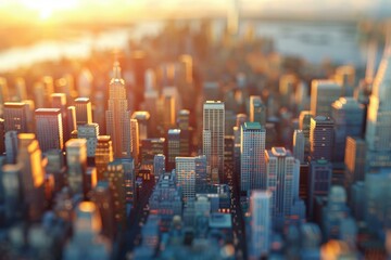 A miniature model of a city with skyscrapers and sunlight