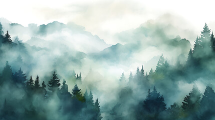 Create a watercolor background of a misty forest at dawn