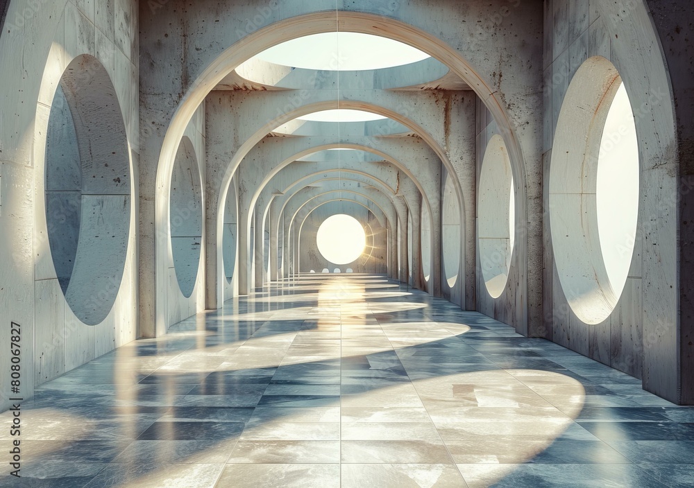 Poster futuristic empty corridor with round windows