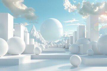 3D rendering of a white abstract landscape with mountains and spheres