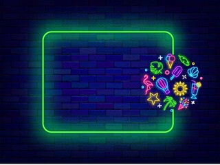 Summer party neon banner. Circle layout with season icons. Shiny holiday promotion. Empty green frame. Travel agency and hotel. Event celebration. Editable stroke. Vector stock illustration