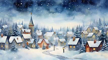 Create a watercolor background of a snow-covered village during the holiday season