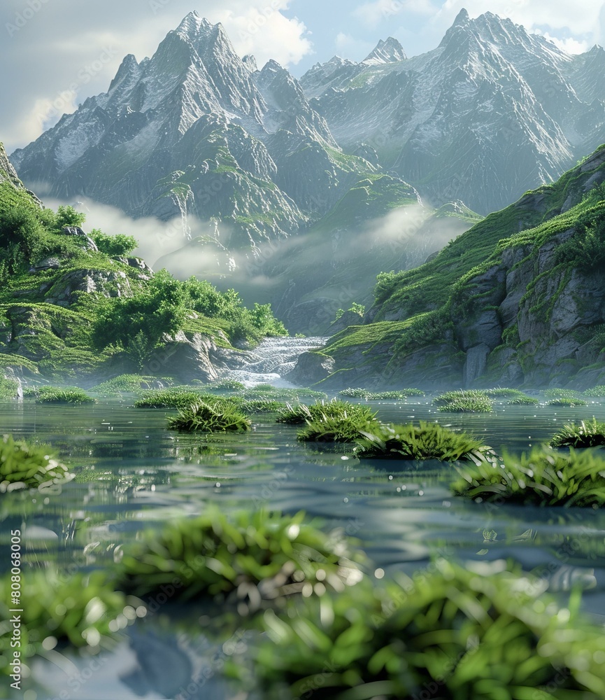 Canvas Prints Fantasy Mountain Landscape with Lake and Greenery