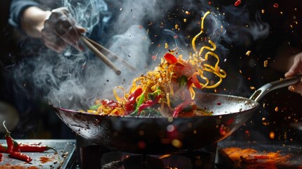 Exciting moment in a professional kitchen as a chef skillfully tosses stir-fried vegetables in a wok