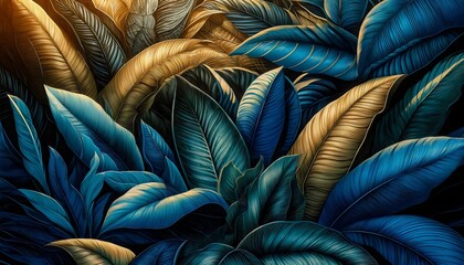 Golden Twilight Foliage, captures the exquisite beauty of tropical leaves bathed in the warm hues of twilight