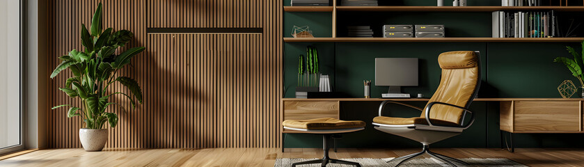 A modern office with a brown leather chair and a potted plant. The room is well-lit and has a minimalist design