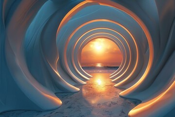 Naklejka premium Futuristic tunnel with a view of the ocean and sunset