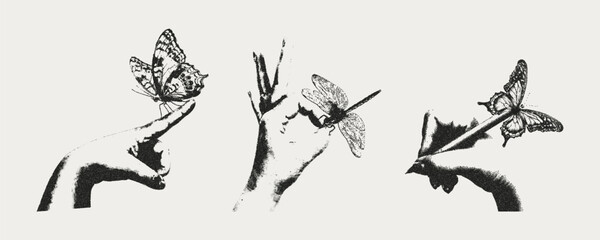 Butterflies, dragonfly, hands with monochrome vintage photocopy effect. Y2K style with vintage undertone elements. Vector illustration of grunge punk.