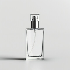 Perfume glass minimalist bottle mockup with steel cap, sprayer, text template, light liquid