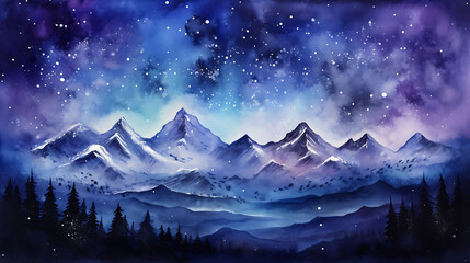 Create a watercolor background of a majestic mountain range under a star-filled sky