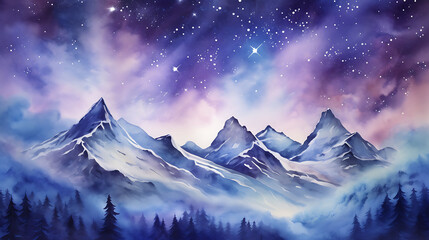 Create a watercolor background of a majestic mountain range under a star-filled sky