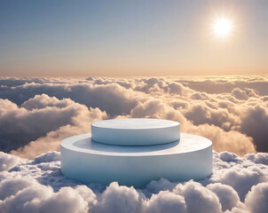 Display podium - round white platform for product placement against sky background.