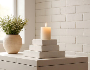 White rectangular brick platform with candle light.