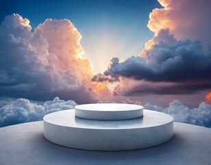 Pedestal for market - white podium in clouds.