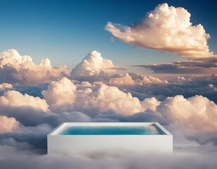 White rectangular pool with clouds in the background.