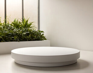 White round platform for product placement, against a backdrop of greenery.