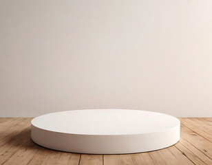 White round platform for product placement, on a wooden table.